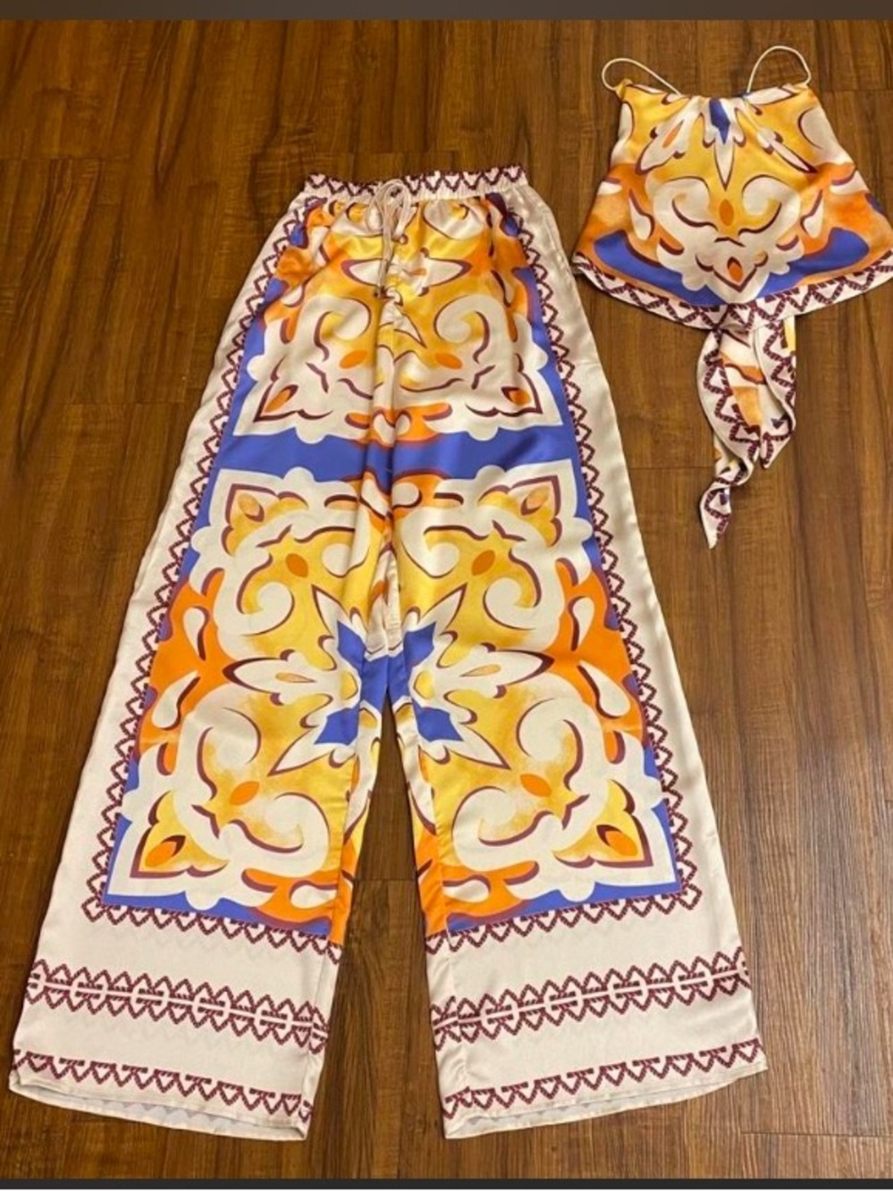 New Printed Wide-Leg Pant & Tie-Back Crop Top Set - Orange Blue